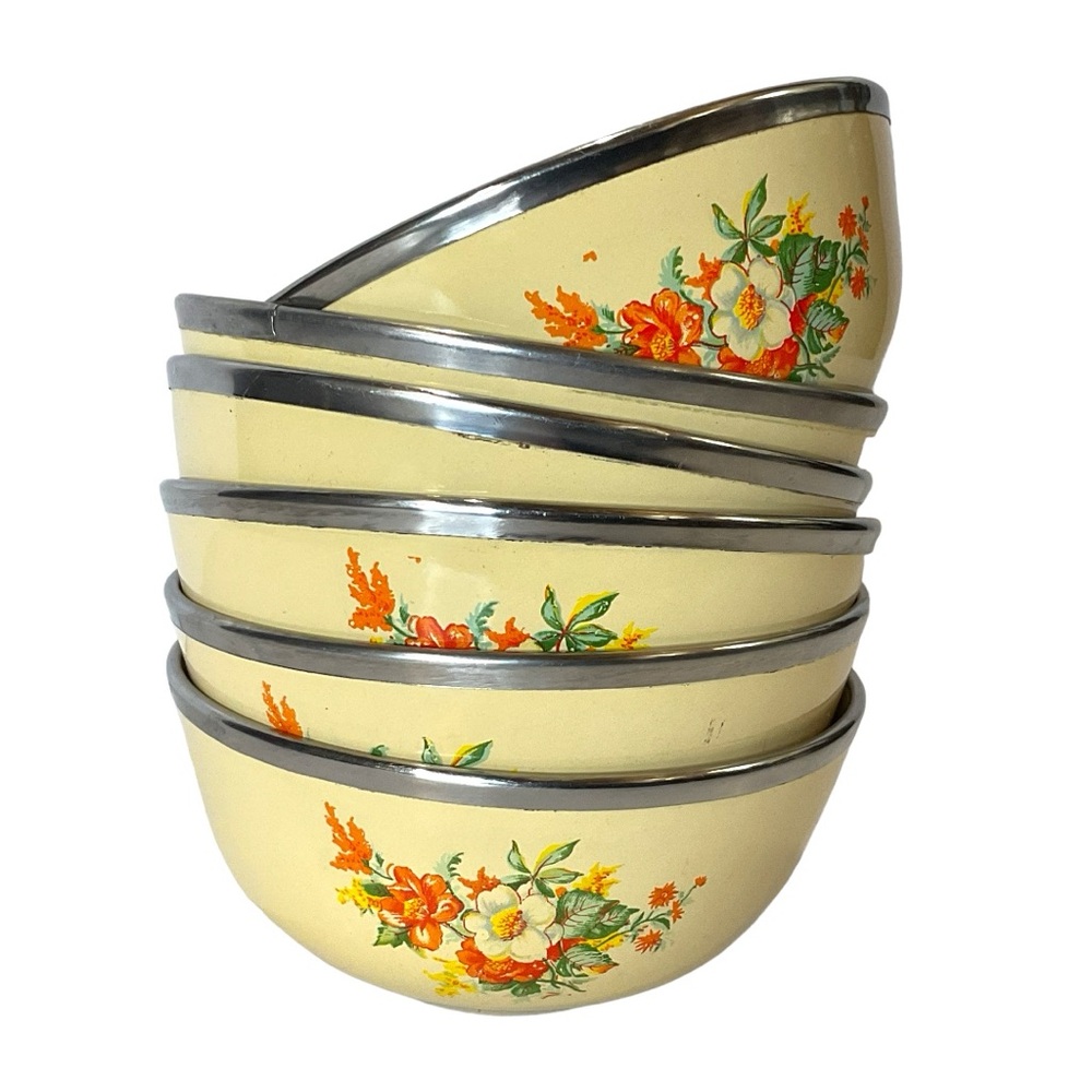 Vintage Kitchenmate MCM cream & orange floral enamel dessert bowls 4.5” - Picture 2 of 15